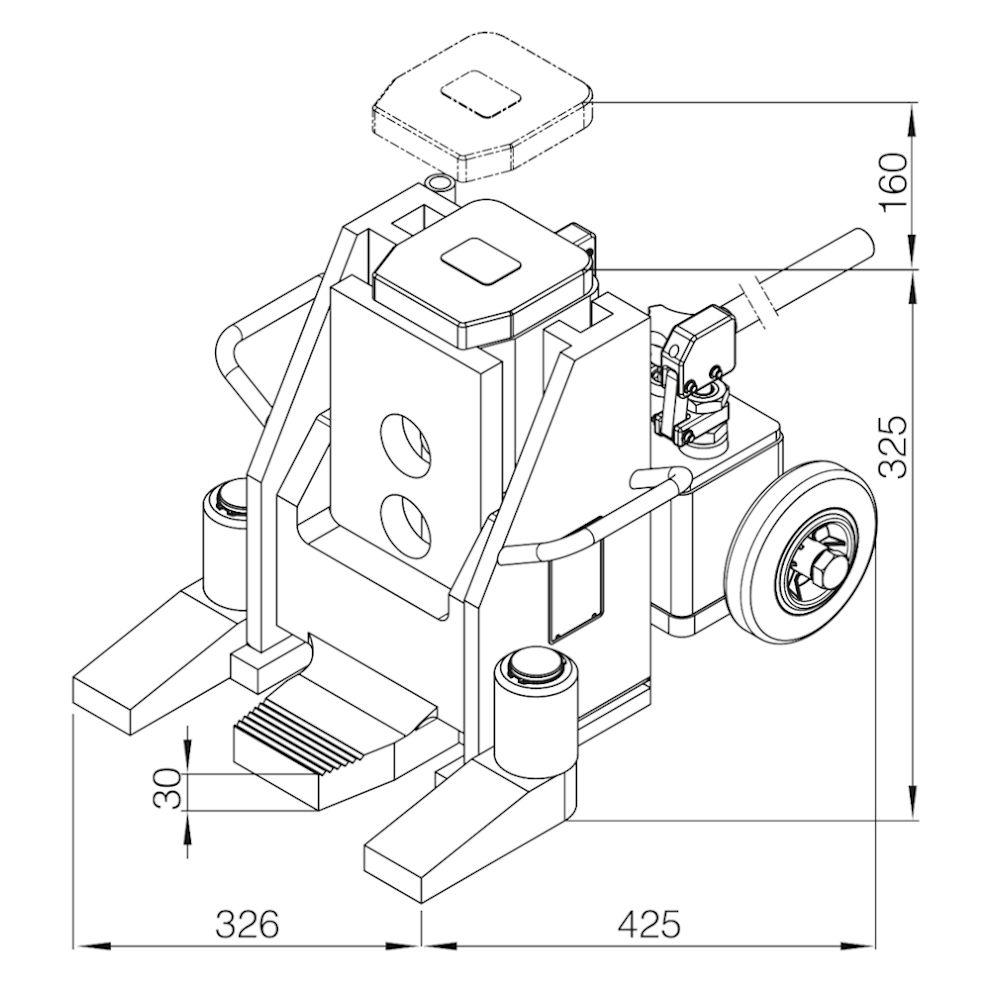 Risszeichnung des hydraulischen Hebegerätes / Maschinenhebers V20 für 20 Tonnen Traglast